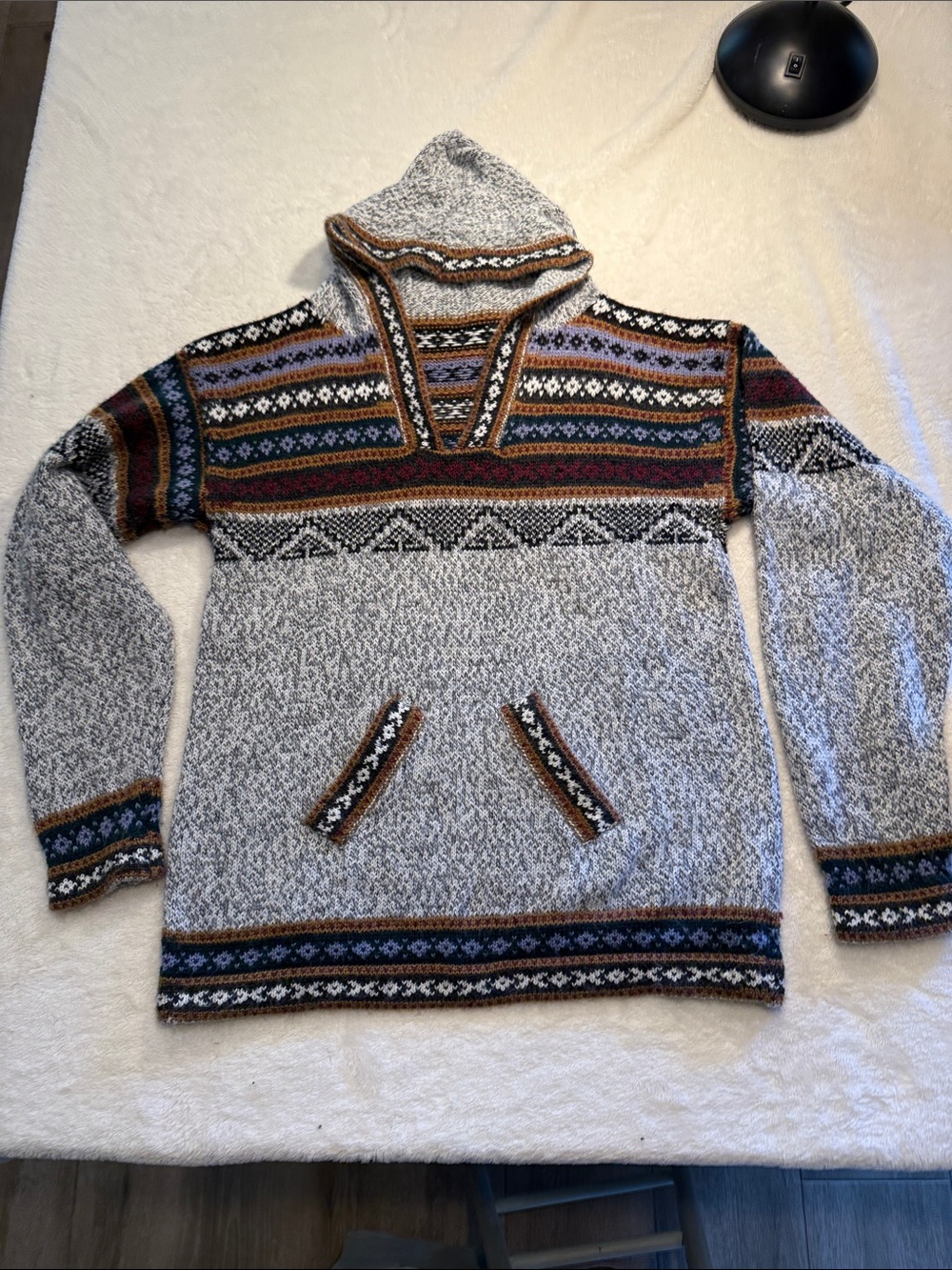 Unisex Hooded Alpacha Knit Sweater Pullover - Gray with Multicolor Accents